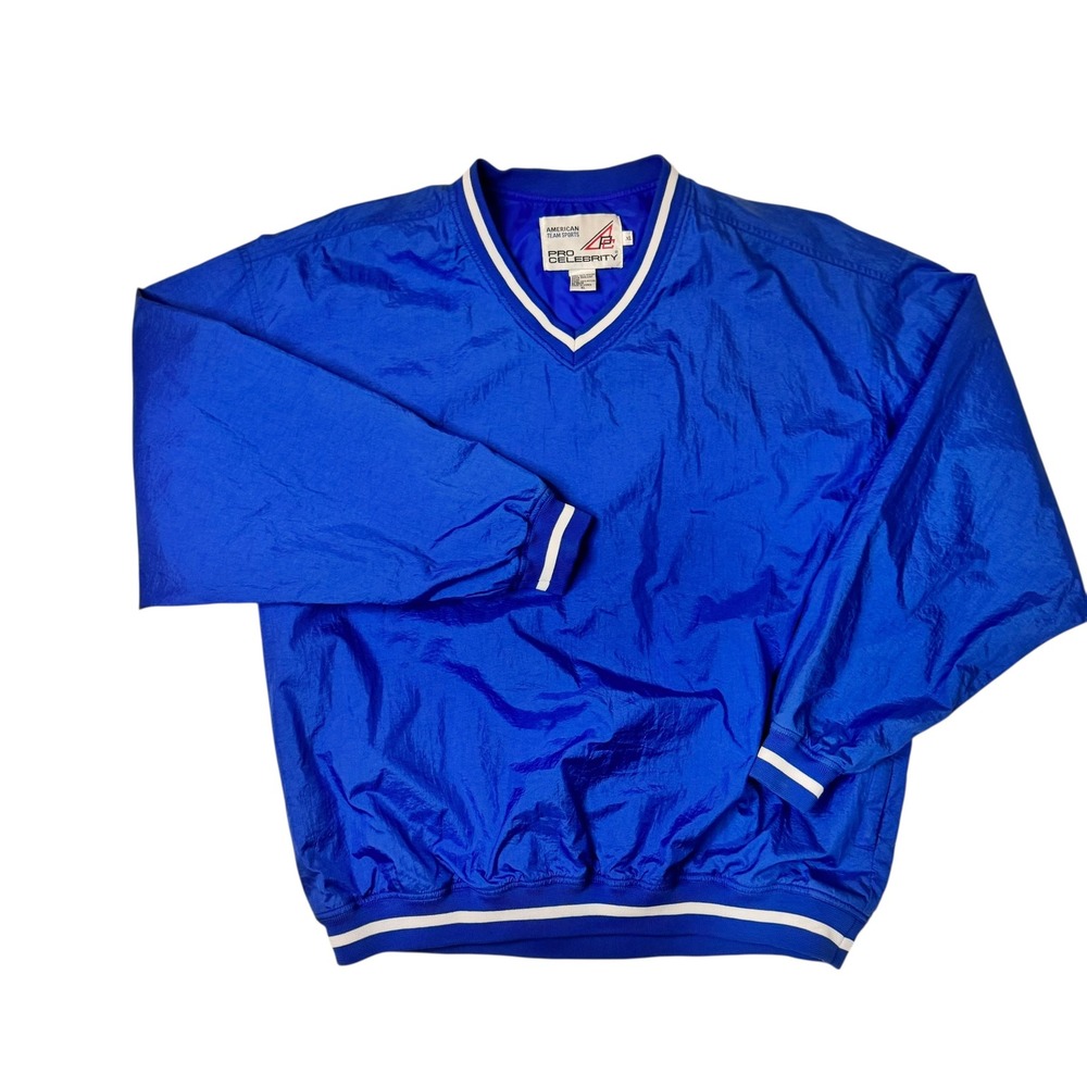 Vtg Mens XL Royal Blue Nylon V-Neck Windbreaker Pullover‎ Jacket Sport Baseball